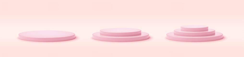 3d realistic pink round base podium in pink studio display. Set minimal step stage platform for product display presentation, winner award. Pink podium mockup vector illustration
