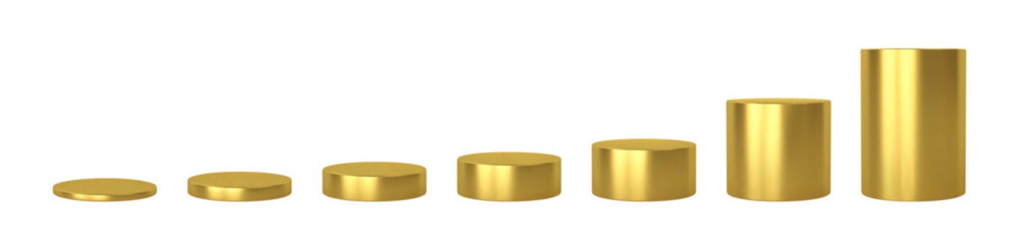 Set golden podium base platform different heights. 3d round gold blank stand pedestal for product presentation.Vector cylinder shape. Podium mockup realistic illustration