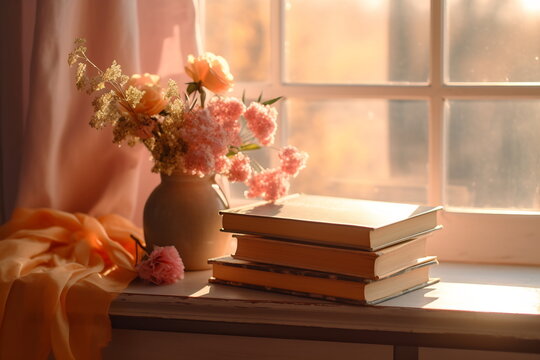 Spring still life scene. Old books, flowers in a vase. Vintage feminine styled photo. Floral composition with field flowers on a table near window