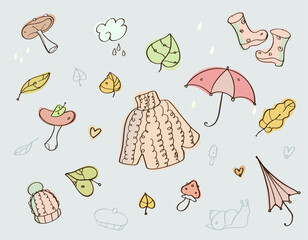 Autumn simple lines vector set - mushrooms, leaves, rain drops, umbrella, warm clothes. Doodles, pastel colors.