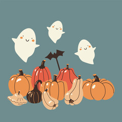 Halloween squashes and cute little ghosts. Cute vector hand darwn illustration. 