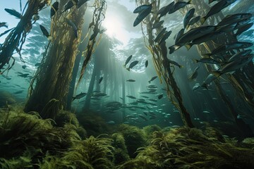 close-up of a kelp forest with fish swimming in the background, created with generative ai