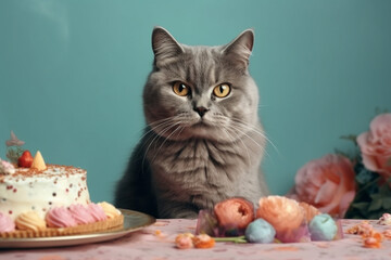 Funny cat with cake, birthday celebration card. Happy pets. Generative AI