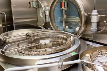surgical instruments being sterilized in autoclave, with visible steam and sterilization indicators, created with generative ai