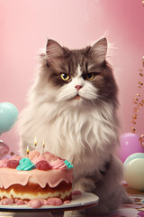 Funny cat with cake, birthday celebration card. Happy pets. Generative AI