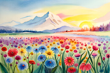 Fototapeta na wymiar Colorful flower meadow in front of a mountain with sun, illustration similar to a drawing with watercolors (Generative AI, Generativ, KI)