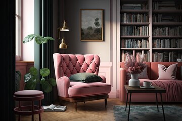 a cozy living room, with a pink armchair and coffee table, surrounded by bookshelves, created with generative ai
