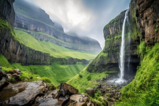 majestic mountain landscape with a waterfall cascading down the cliffs, created with generative ai