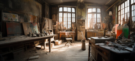 Old European style painters atelier. An artists atelier, craft room, with brick interior. Paint, paint brushes, and paint sumdges and splatters. Generative AI. - obrazy, fototapety, plakaty
