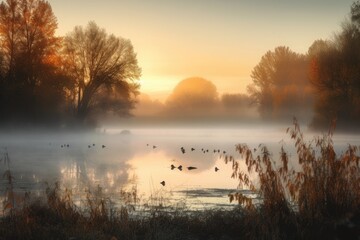 Obraz premium misty sunrise with autumn foliage and birds singing in the background, created with generative ai