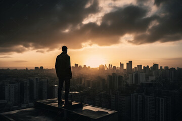 A person's silhouette standing on a city rooftop and looking at the skyline representing urban lifestyle and ambition