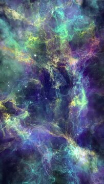 Space nebula loop. Vertical video. Cosmic gas and stars. Abstract deep space background. Colorful evolving flow. 
