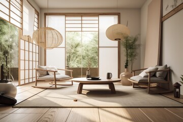 Fototapeta na wymiar japanese style living room with minimalist decor and traditional furnishings, created with generative ai