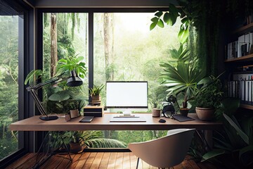 office with view of lush rainforest, surrounded by exotic plants and wildlife, created with generative ai