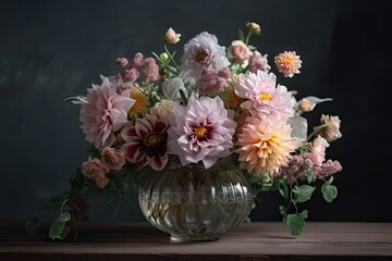 bouquet of pastel flowers in crystal vase on wooden table, created with generative ai