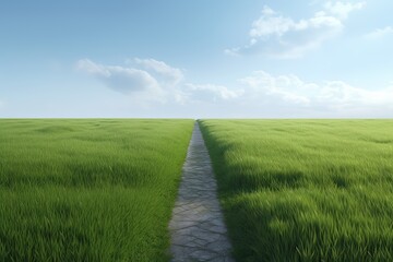 The landscape of grass fields and blue sky road leading off into the distance. Generative Ai.