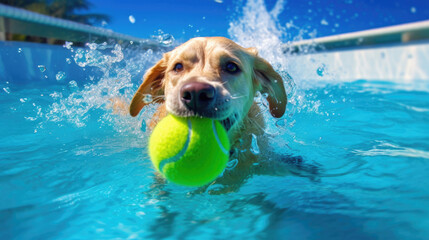 A puppy is catching a ball in a pool AI Generated.