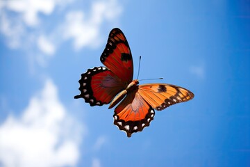 Obraz premium butterfly, fluttering its wings in flight, against blue sky, created with generative ai