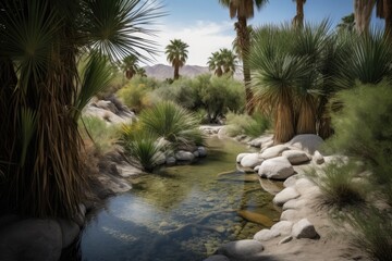 Fototapeta na wymiar desert oasis, with babbling brook and waterfall, providing welcome respite from the desert heat, created with generative ai