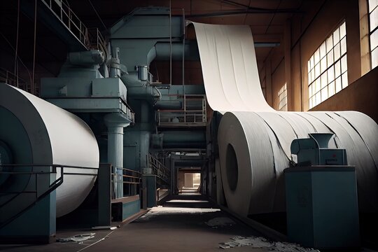 pulp and paper factory, with mile-long conveyor belt transporting sheets of paper, created with generative ai