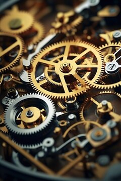 Gears and cogs in clockwork watch mechanism. Craft and precision - elegant detailed stainless steel and metal - Generative AI	