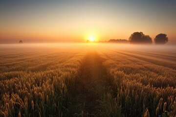 misty sunrise over misty field of golden wheat, created with generative ai