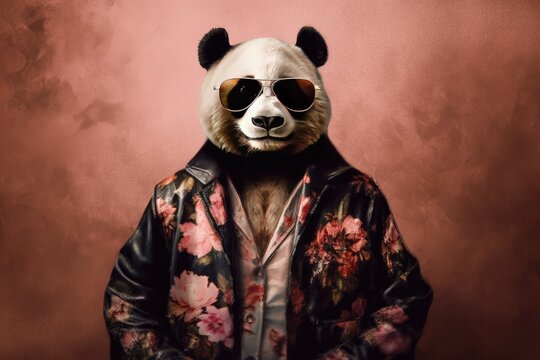Portr&auml;t von lustigen coolen Panda mit Sonnenbrille. AI generated, human enhanced