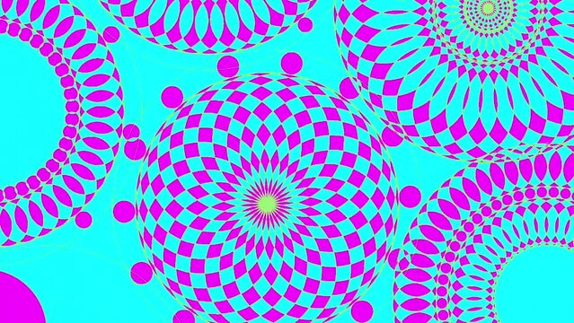 High contrast animated background magenta fun circle mandala designs light blue background, lively facinating animation scrolling zooming by, circular pattern designs beautiful abstract and hypnotic