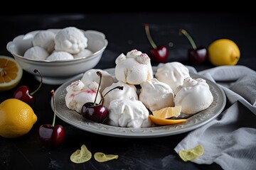 plate of fluffy meringue bites with flavors like lemon and cherry, created with generative ai
