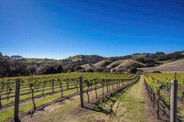 Fototapeta na wymiar vineyard with rolling hills and clear blue skies, created with generative ai