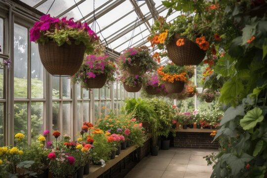 conservatory with hanging baskets of colorful flowers and greenery, created with generative ai