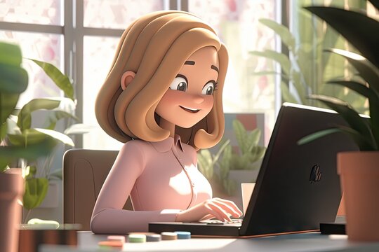 Cartoon Modern Woman Working from Home on Laptop Computer: Business and Productivity Concept. Generative AI illustrations.