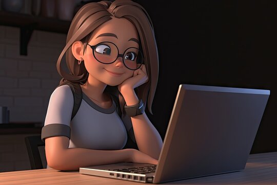 Cartoon Modern Woman Working from Home on Laptop Computer: Business and Productivity Concept. Generative AI illustrations.
