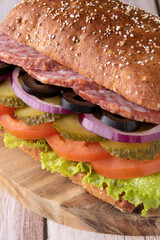 photo sausage sandwich on a wooden board