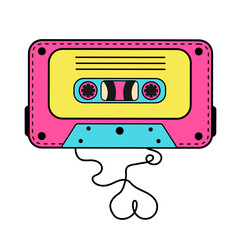 Retro audio cassette tape with ribbon formed heart shaped. Analog media for recording and listening to stereo music. Nostalgia for 80s, 90s.