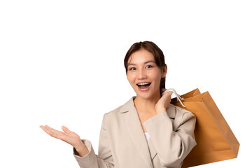 Modern happy Female lifestyle fashion portrait. beautiful attractive young woman girl enjoy stylish walk with shopping bag packages on the street, trendy outfit on shopping mall, browse product