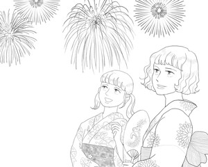 Fototapeta na wymiar Women in floral-design yukata watching fireworks, black & white drawing