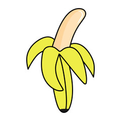 Peeled banana fruit. Retro 90s icon. Doodle pop art badge.