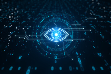 Illustration of digital eye neon style on dark blue background, computer vision and hightech technology concept. 3D Rendering - obrazy, fototapety, plakaty