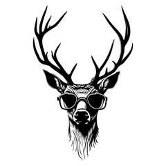 Deer in sunglasses head logo vector template illustration. Drawing for a tattoo. White background