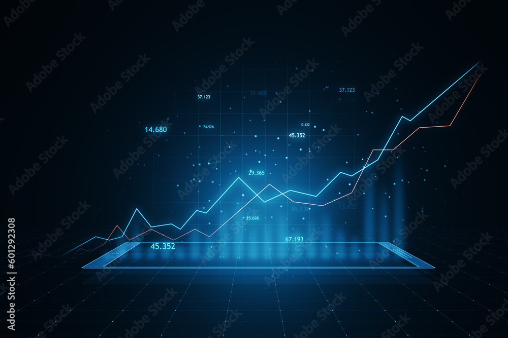 Poster Economy and forex market growth concept with digital blue rising up financial chart diagram and graphs on abstract dark background with grid. 3D rendering