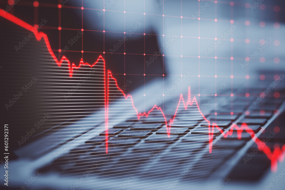 Poster close up of laptop keyboard with falling red business graph grid on blurry background. crisis, reces