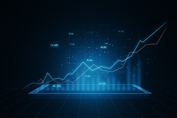 Economy and forex market growth concept with digital blue rising up financial chart diagram and graphs on abstract dark background with grid. 3D rendering - obrazy, fototapety, plakaty