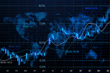 Global economy and forex exchange concept with digital growing candlestick and financial indicators on dark blue background with world map. 3D rendering