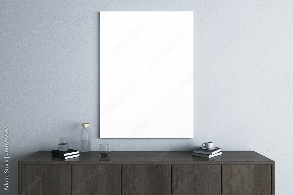 Poster modern wooden tv shelf with items and empty white mock up banner on light wall background. interior 