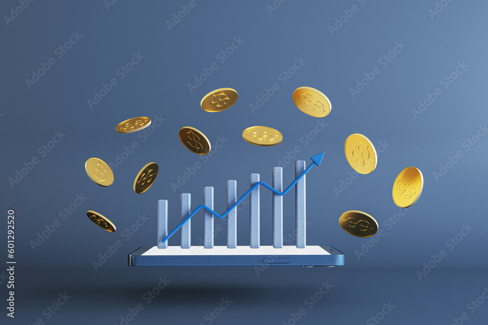 Poster abstract image of cellphone with creative business chart and golden dollar coins on blue backdrop. m