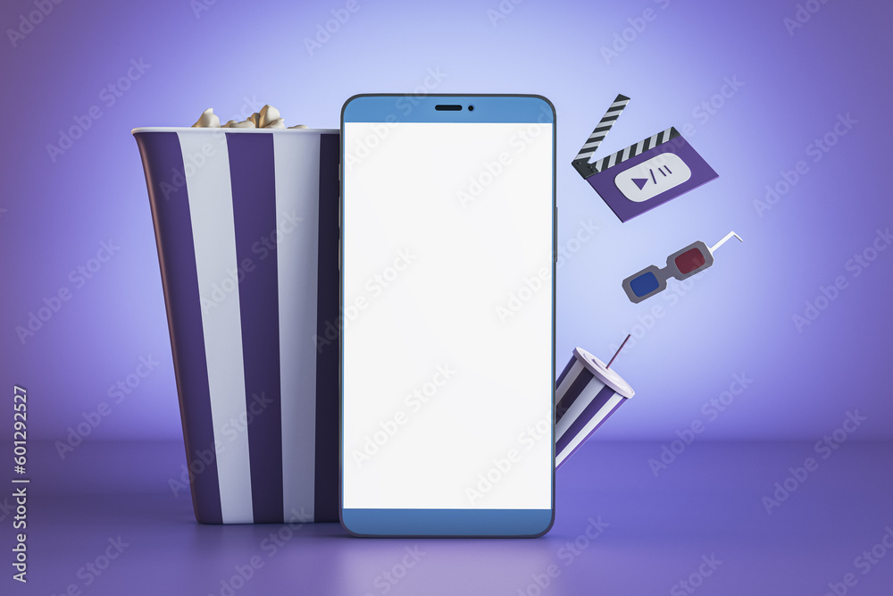 Aufkleber creative purple online movie theater background with mock up smartphone, pop corn and other items. m