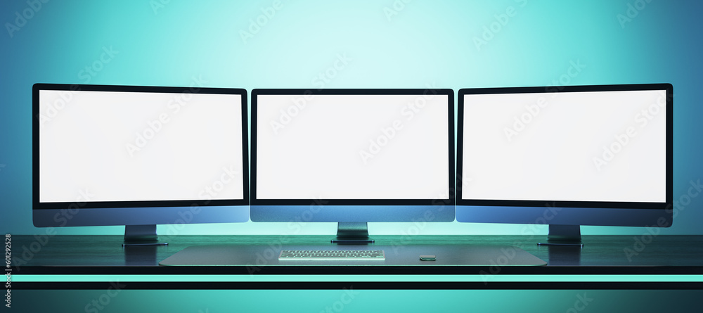 Poster Abstract blue workplace with three empty white mock up computer displays. Office concept. 3D Rendering.