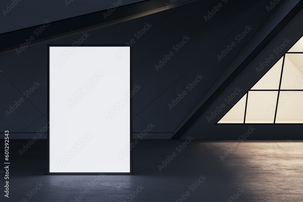 Poster Abstract futuristic balcony or terrace with empty white mock up banner and window frame at night. 3D Rendering.