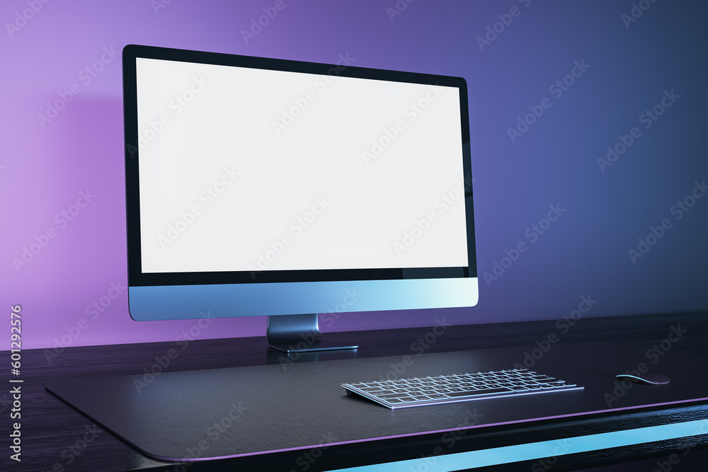 Fototapete Abstract purple table with empty white mock up computer monitor. Office concept. 3D Rendering.